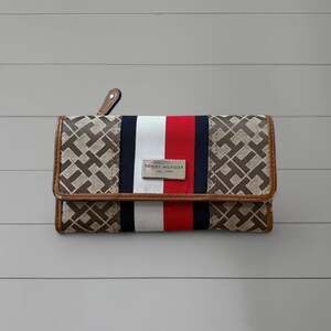 SOLDTommy Hilfiger Monogram Striped Trifold Wallet Brown Tan Brown Wallet